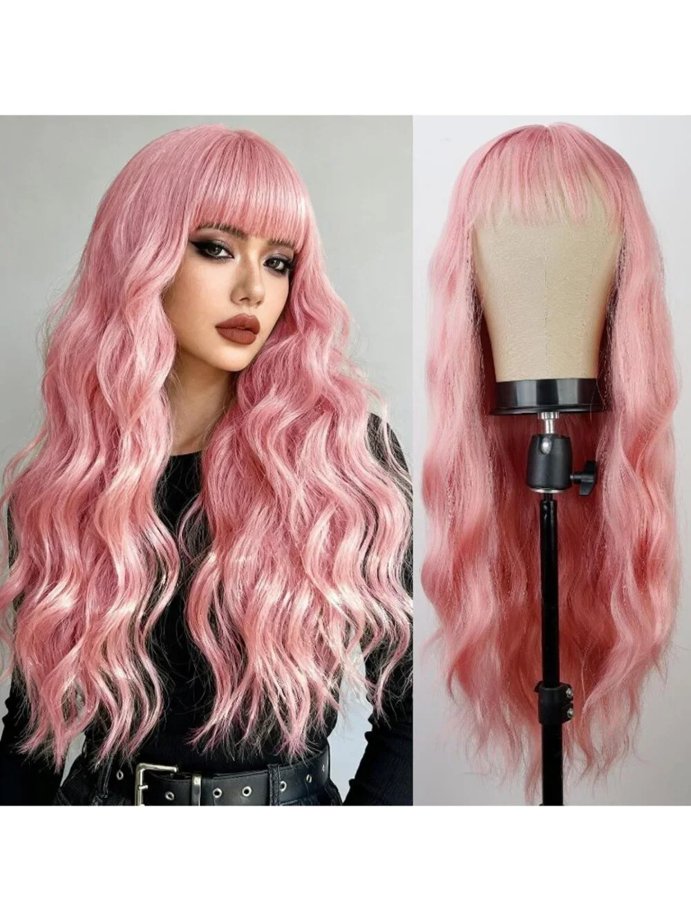 Women's Pink 26 Inch Natural Looking Synthetic Fiber Long Wavy Wigs Bangs